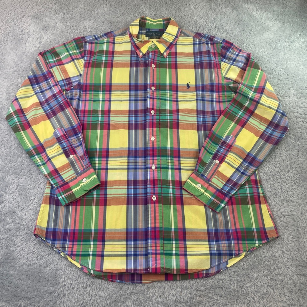 Polo Ralph Lauren Button Down Shirt Mens L Vibrant Color Plaid Custom Fit Cotton
